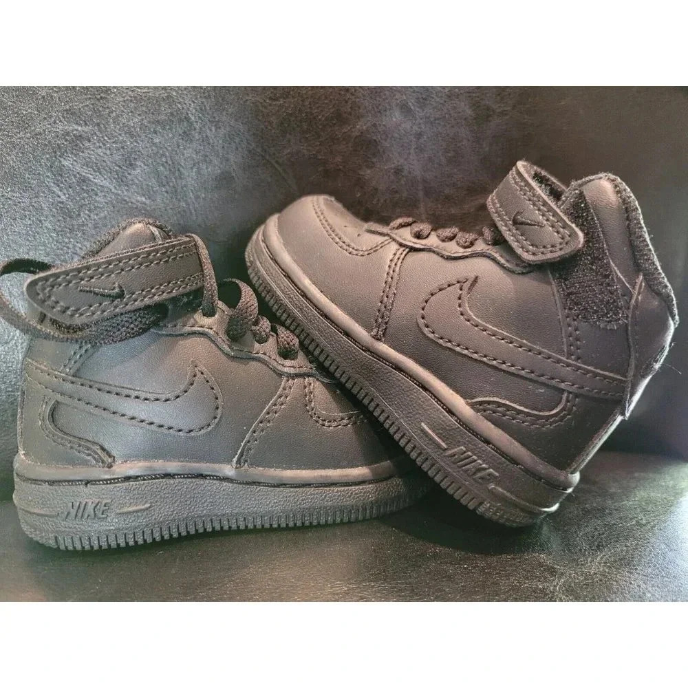 Nike Air Force 1 Mid LE TD Toddler Size 4C Triple Black Leather Sneakers NEW